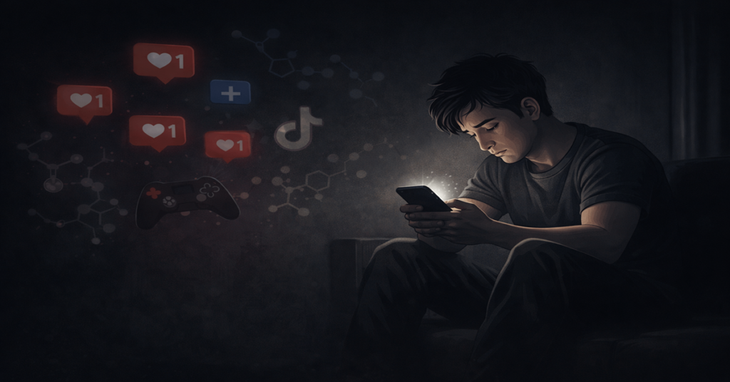 Dopamine trap showing a young person addicted to phone stimulation and feeling mentally exhausted