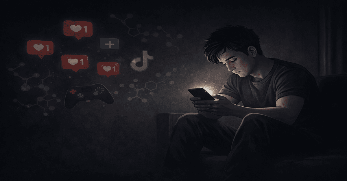 Dopamine trap showing a young person addicted to phone stimulation and feeling mentally exhausted
