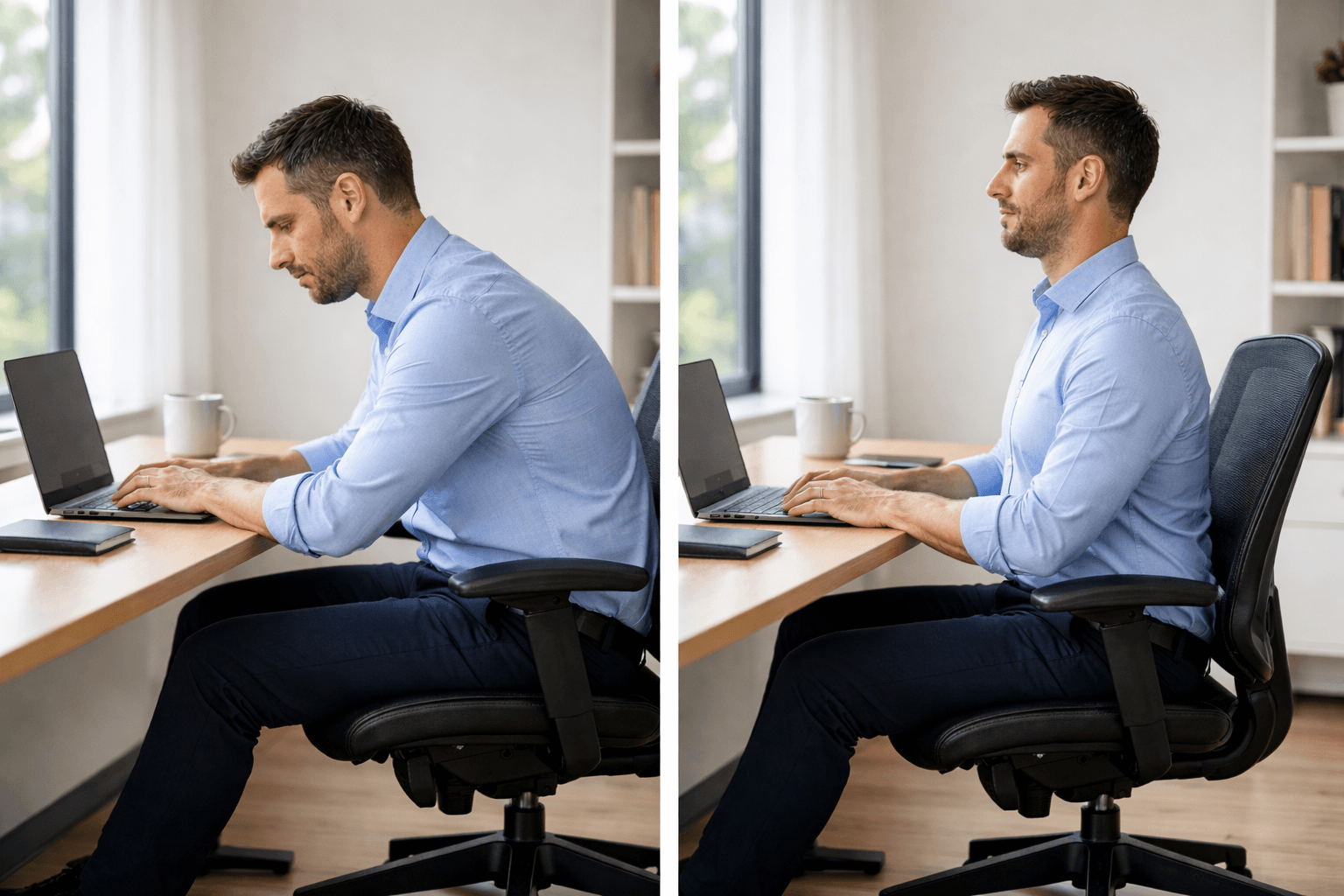 Upper back pain from poor posture caused by sitting all day at a desk