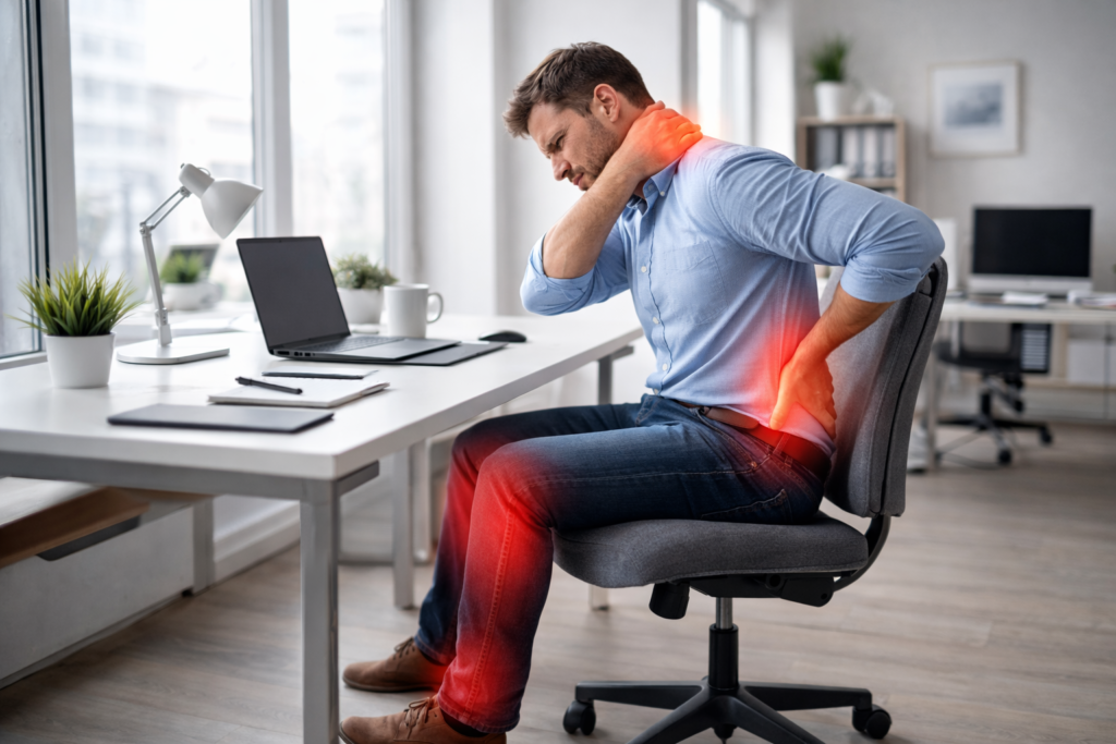 Physical Symptoms of Sitting Too Much Physical symptoms of sitting too much including back pain and stiffness in a desk worker