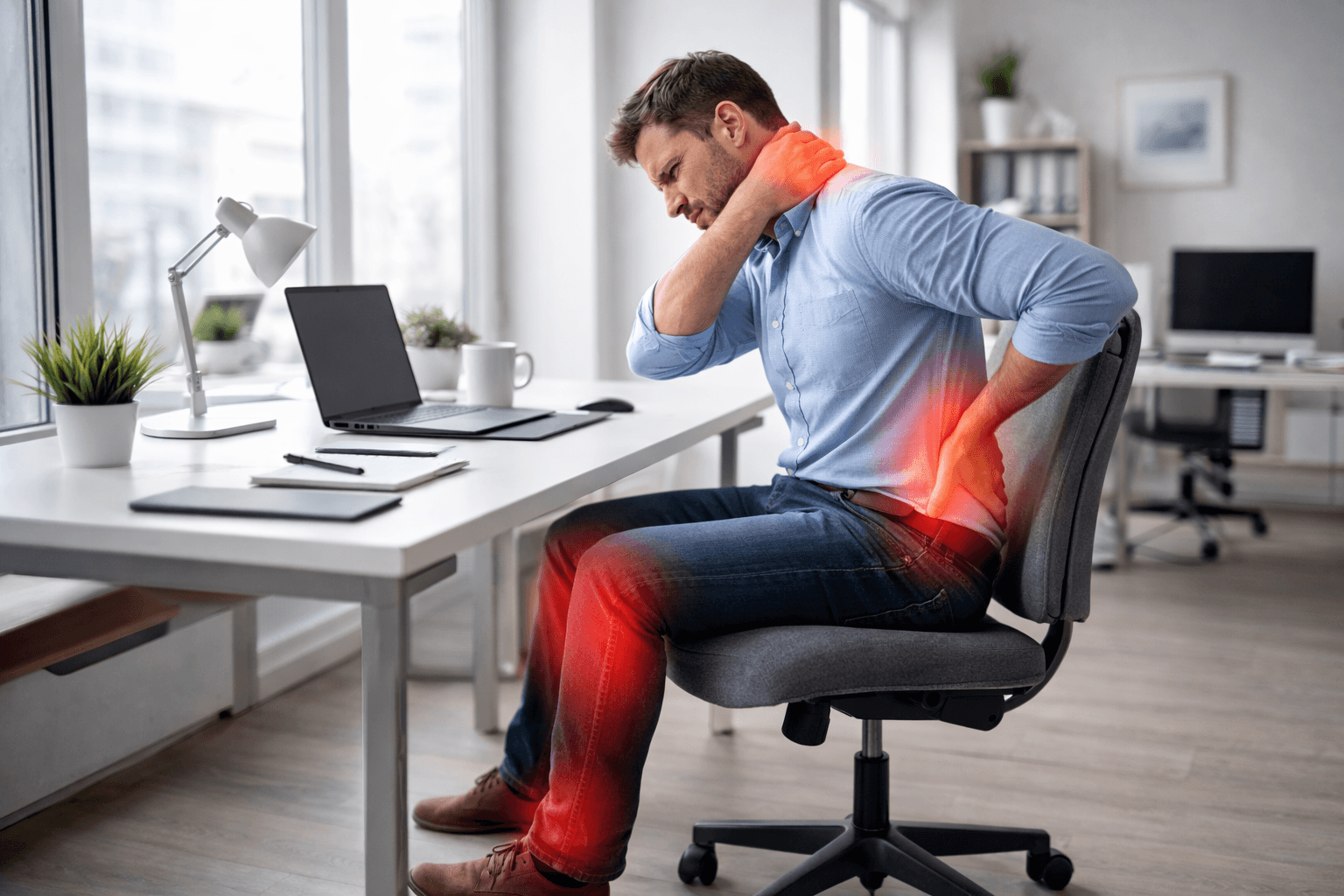 Physical symptoms of sitting too much including back pain and stiffness in a desk worker