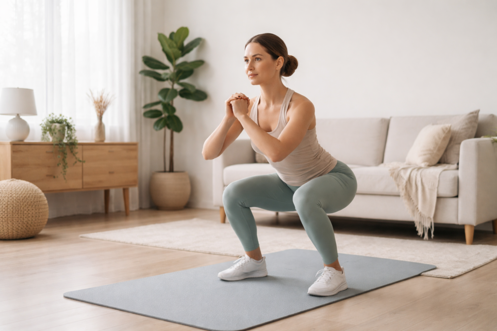 Strength training for beginners doing simple bodyweight exercises at home