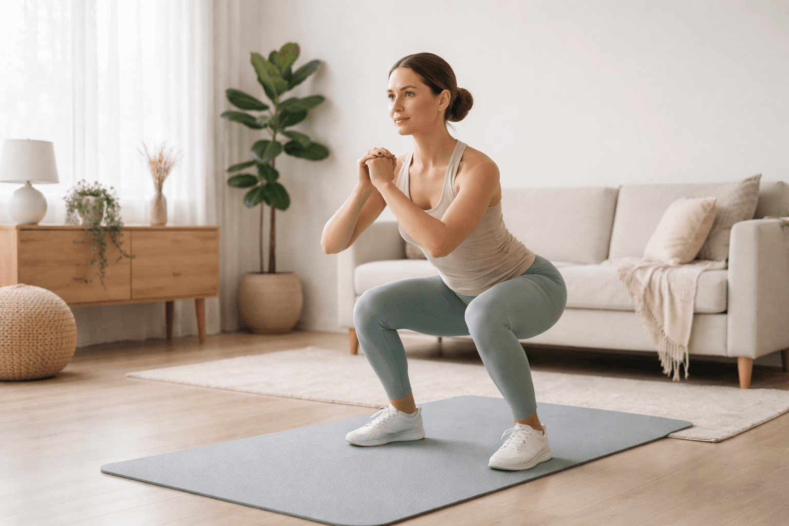 Strength training for beginners doing simple bodyweight exercises at home