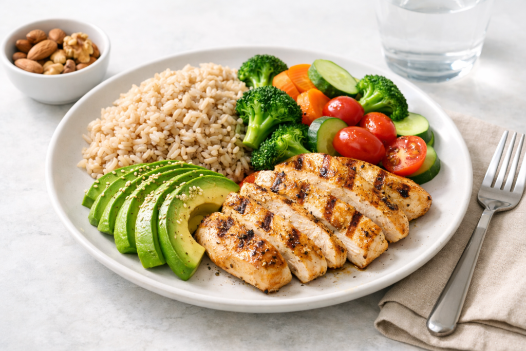 Macros explained with a balanced plate of carbohydrates, protein, and healthy fats