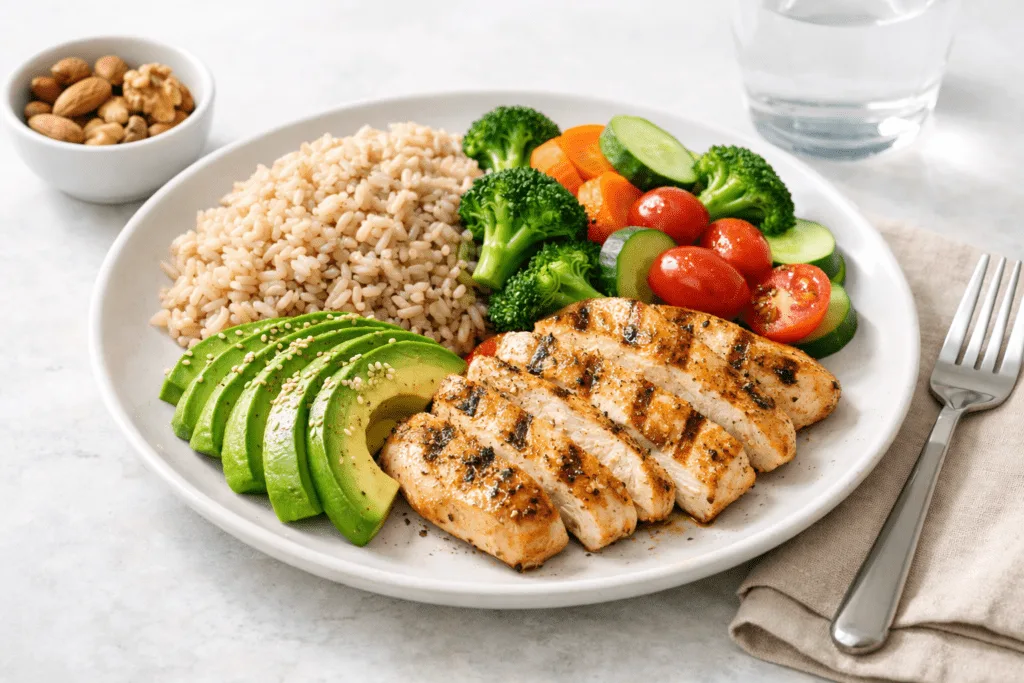 Macros explained with a balanced plate of carbohydrates, protein, and healthy fats