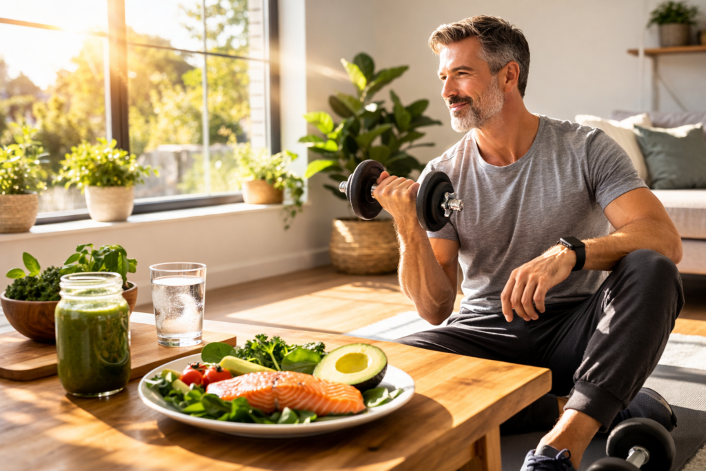Person doing light strength training at home with healthy foods nearby, representing how to boost your metabolism naturally