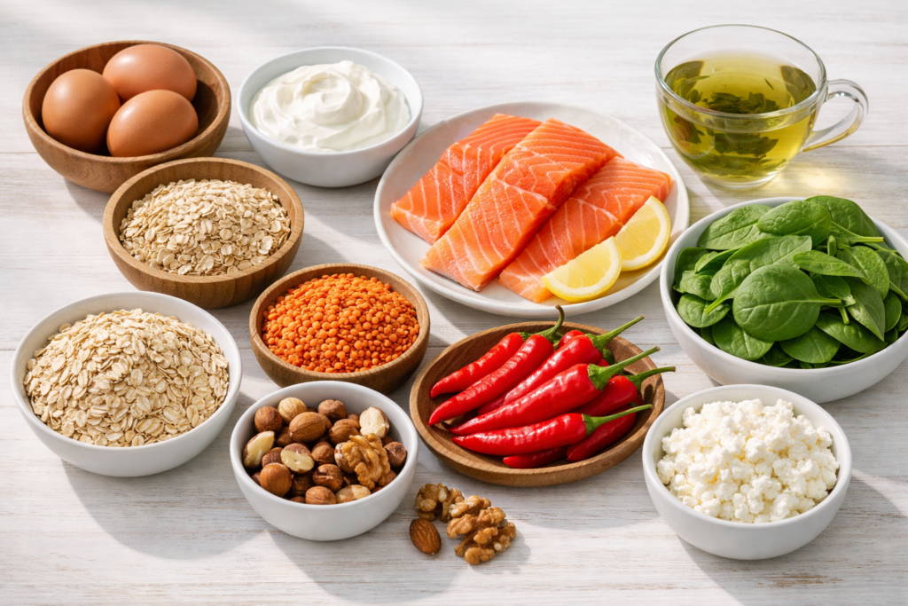 Healthy whole foods that improve metabolism including eggs, salmon, oats, greens, nuts and green tea