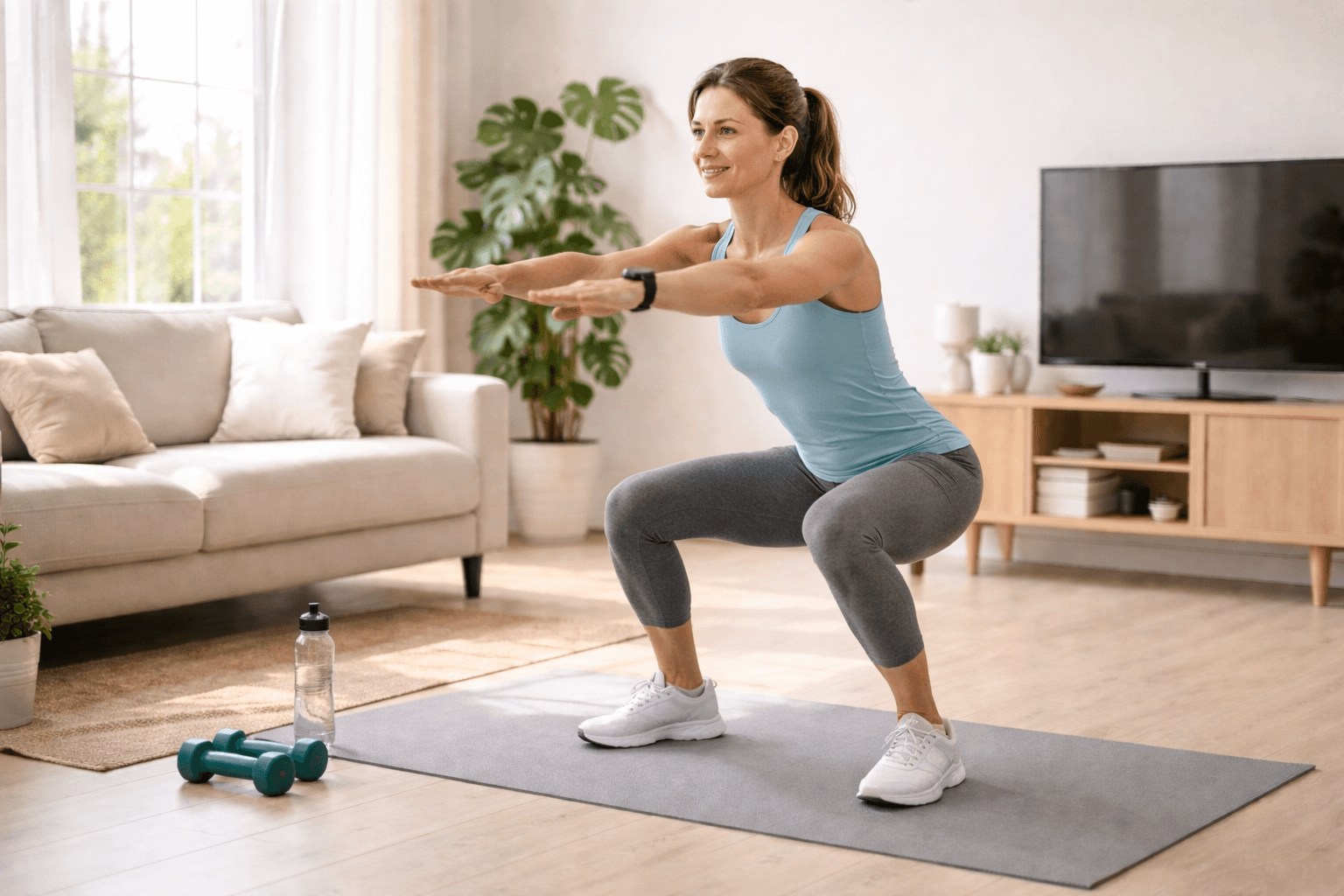 Adult doing bodyweight squats at home to increase metabolism naturally