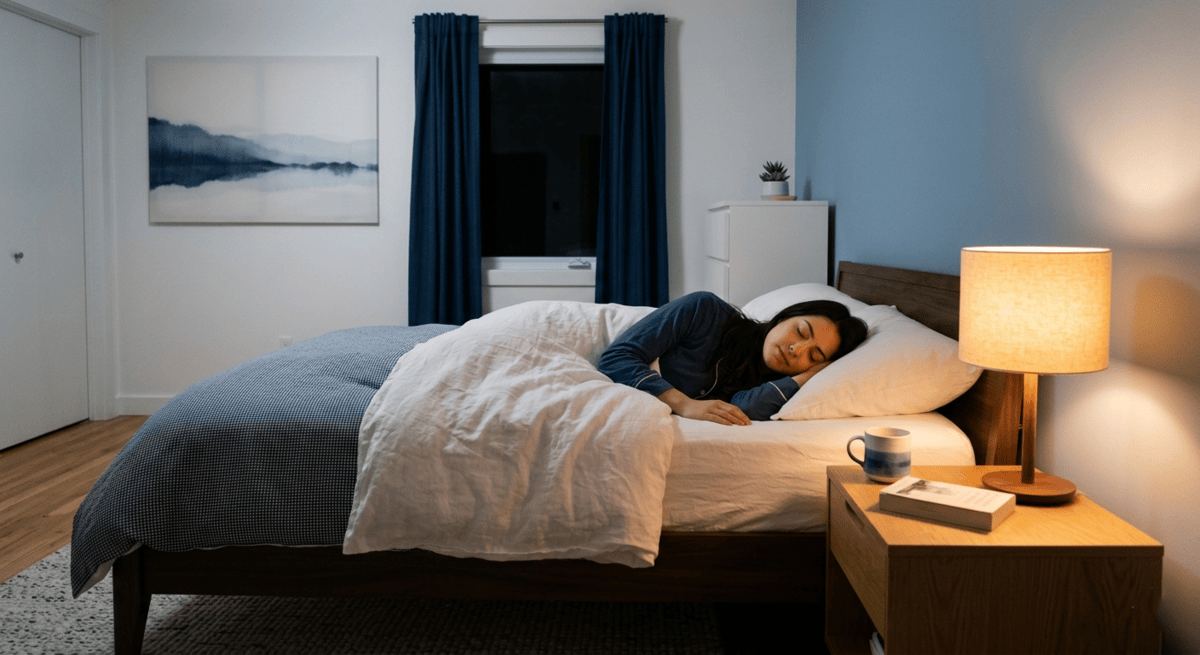 Person sleeping peacefully in a dark bedroom illustrating the importance of getting enough hours of sleep each night