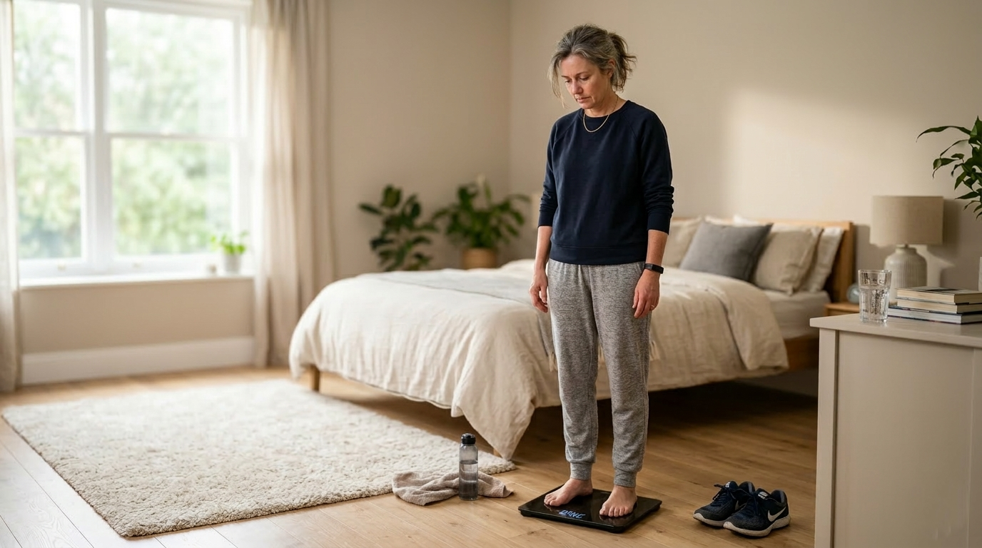 Tired adult checking weight scale showing some signs your metabolism is slowing down