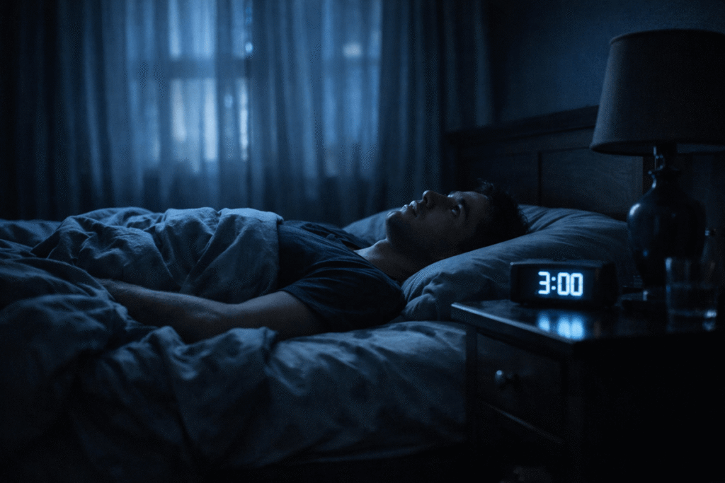 Person lying awake in bed at night unable to sleep despite being exhausted