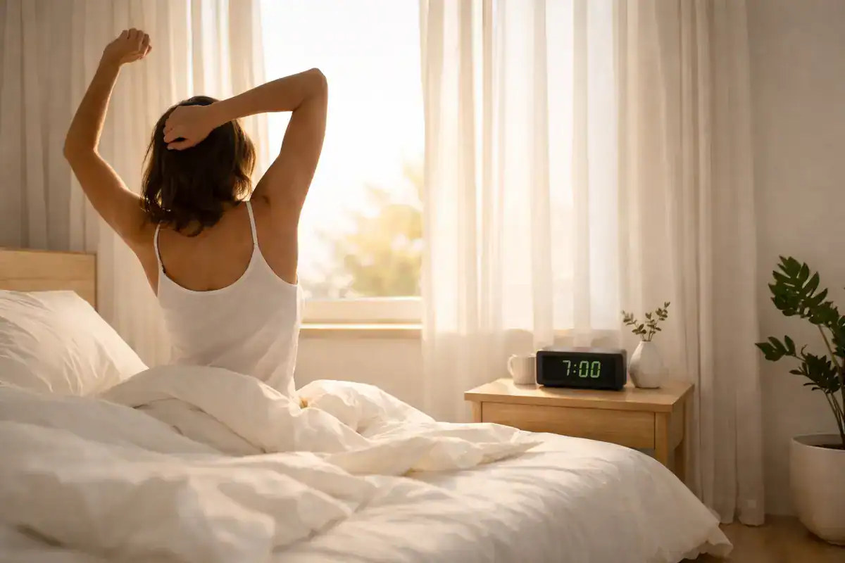 Person waking up in a bright morning bedroom showing how to fix your sleep schedule with consistent wake times and natural light