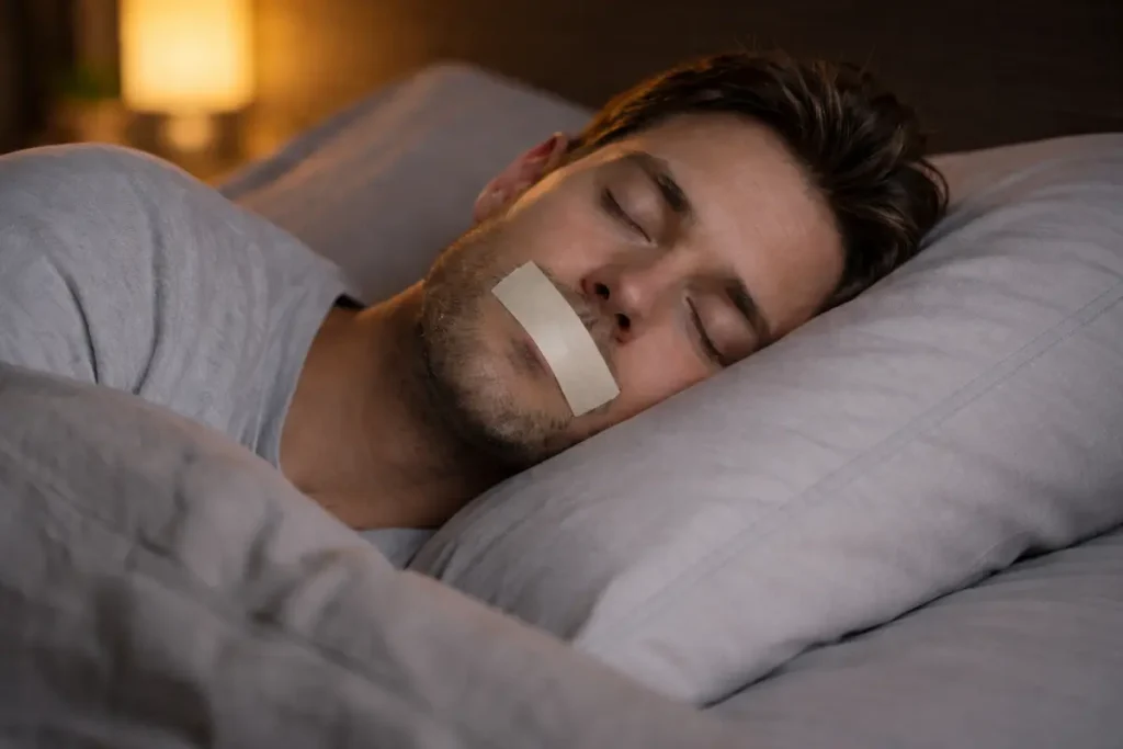 Person sleeping peacefully with mouth tape strip across lips showing mouth taping for sleep technique