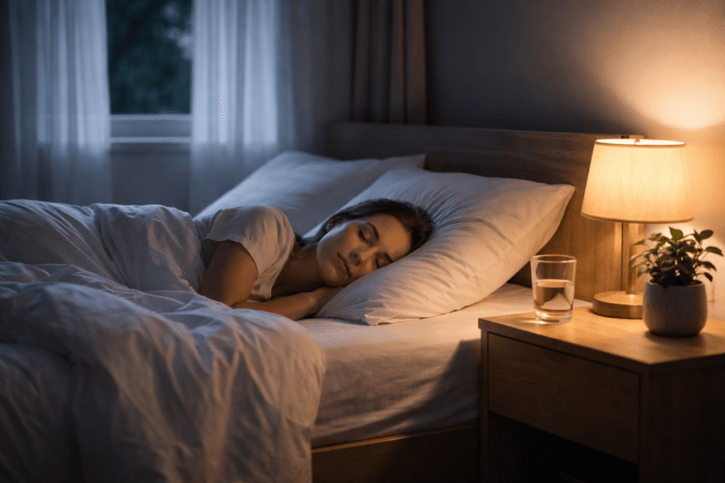 Person sleeping peacefully in a naturally lit bedroom representing improved sleep quality without medication
