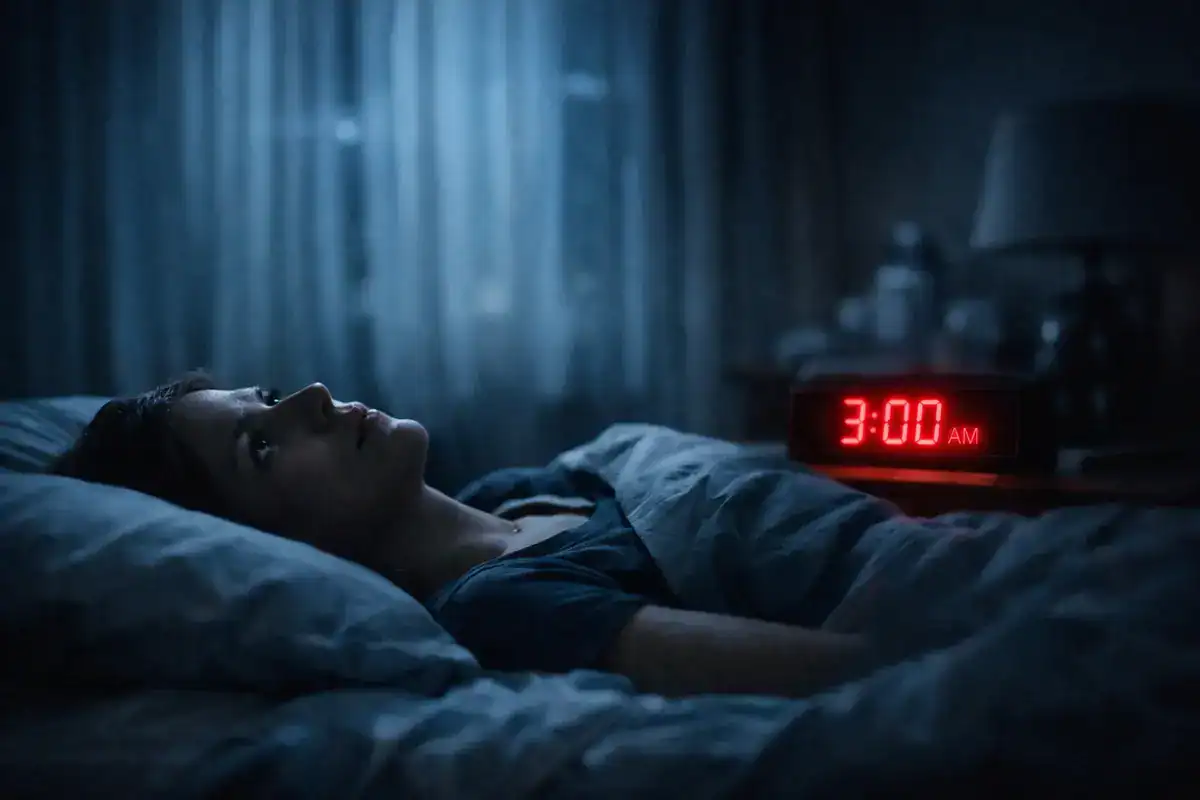 Person lying awake at night unable to sleep, experiencing anxiety and restless thoughts