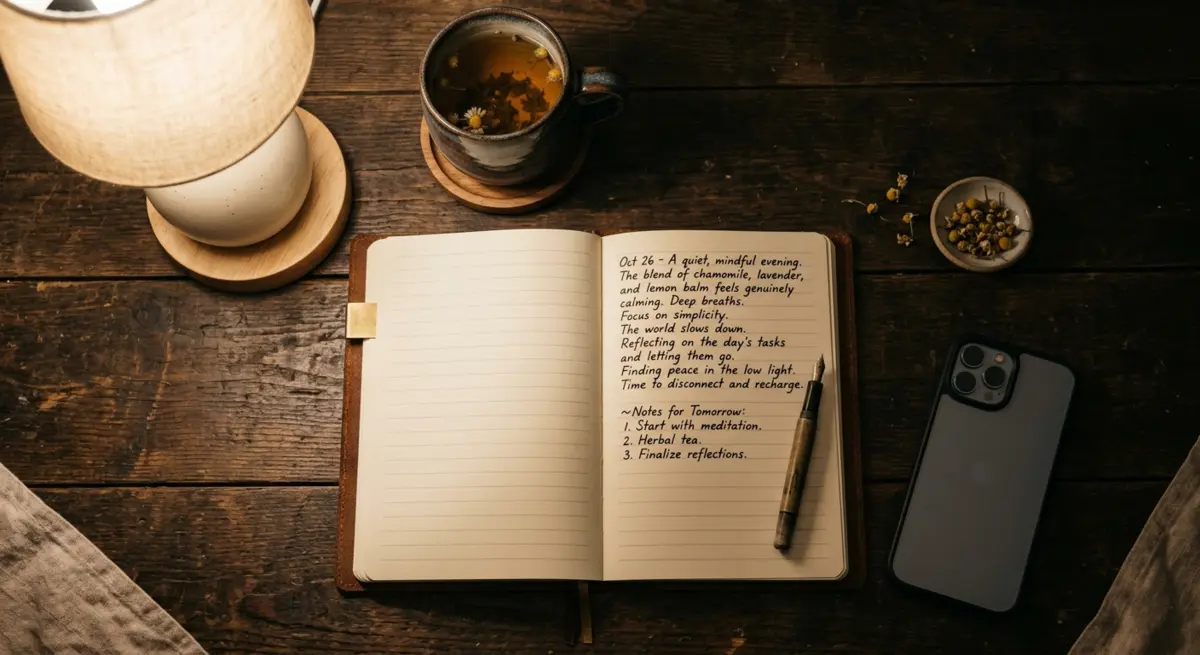 Best Night Routine for Better Sleep (Simple Steps That Work) Journal, herbal tea, and phone face down as part of a calming bedtime wind-down routine before sleep