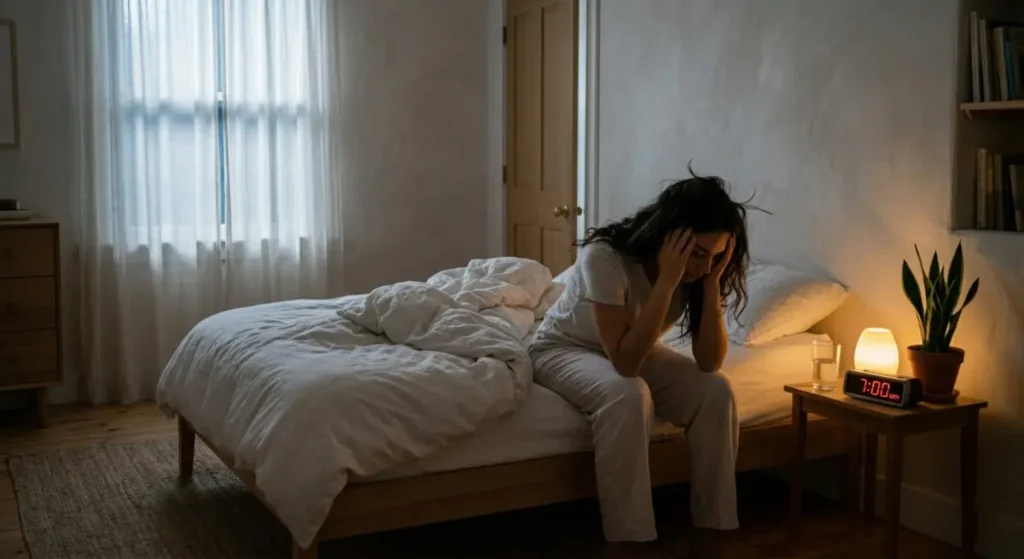 Person waking up tired after 8 hours of sleep sitting on bed in the morning