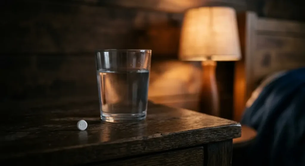 Melatonin tablet beside a glass of water on a nightstand showing the correct melatonin dosage for sleep