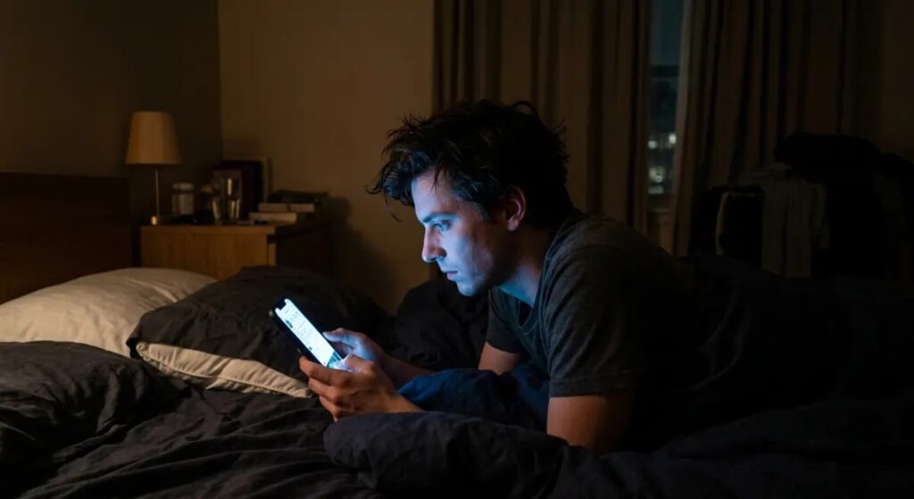 Person lying awake in bed at night with blue light from phone screen disrupting sleep