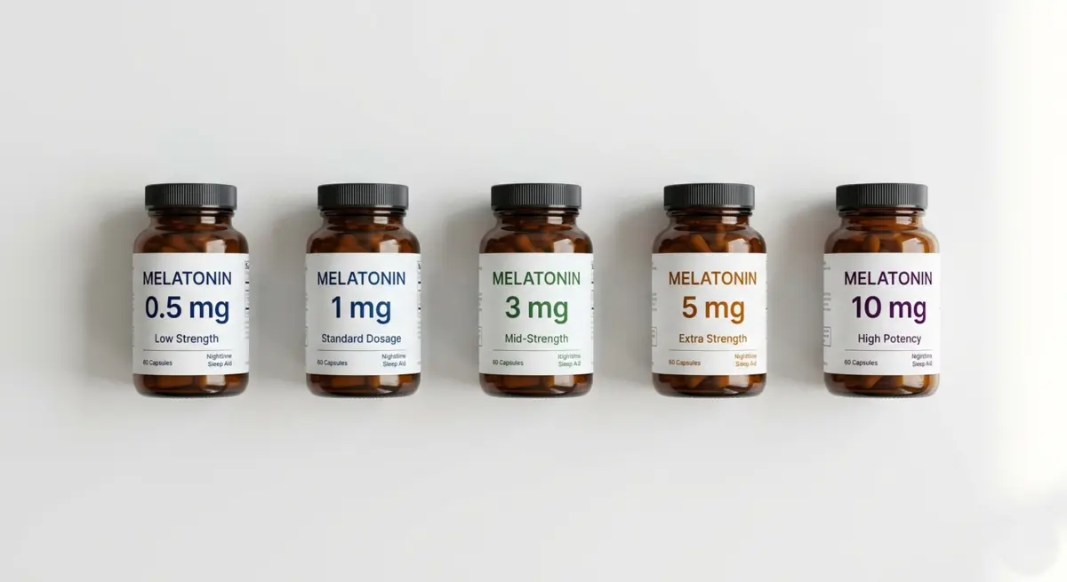 Different melatonin dosage bottles arranged side by side to compare low dose vs high dose melatonin for sleep