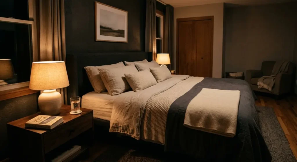 Best Night Routine for Better Sleep (Simple Steps That Work) Cosy bedroom with warm lighting and book on nightstand representing a healthy night routine for better sleep