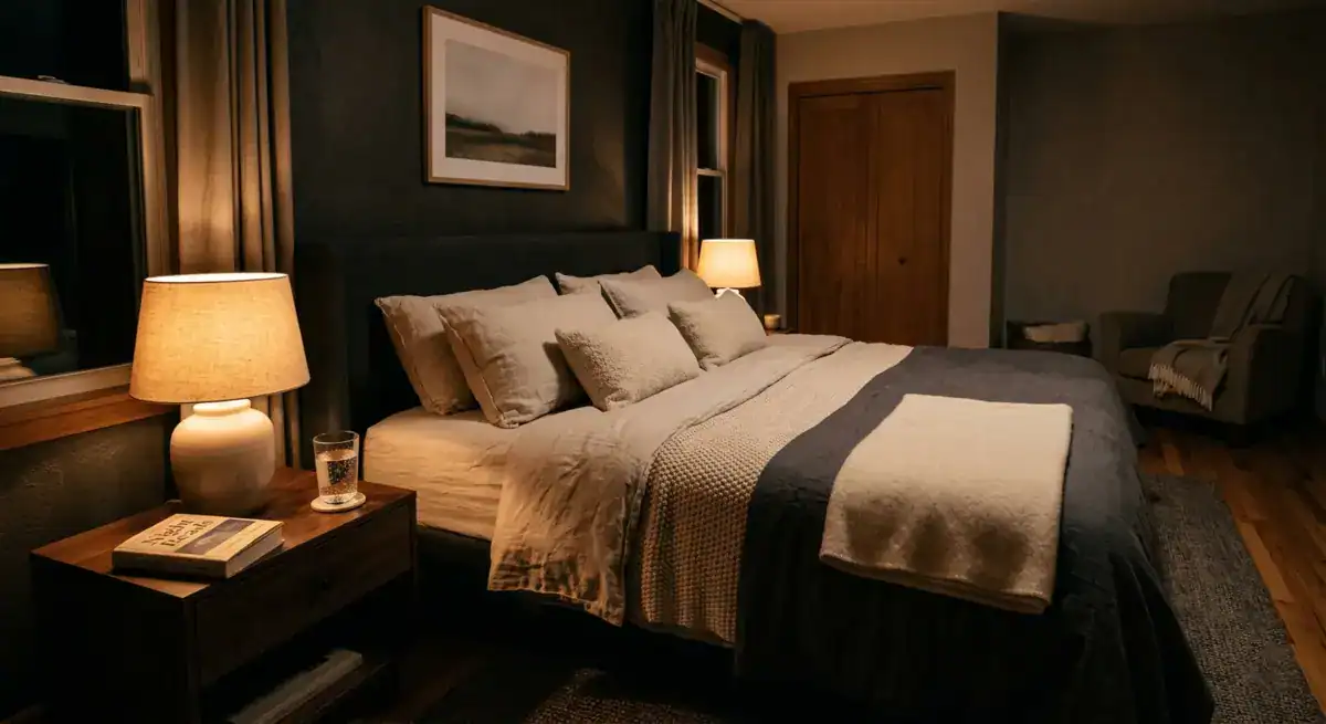 Cosy bedroom with warm lighting and book on nightstand representing a healthy night routine for better sleep