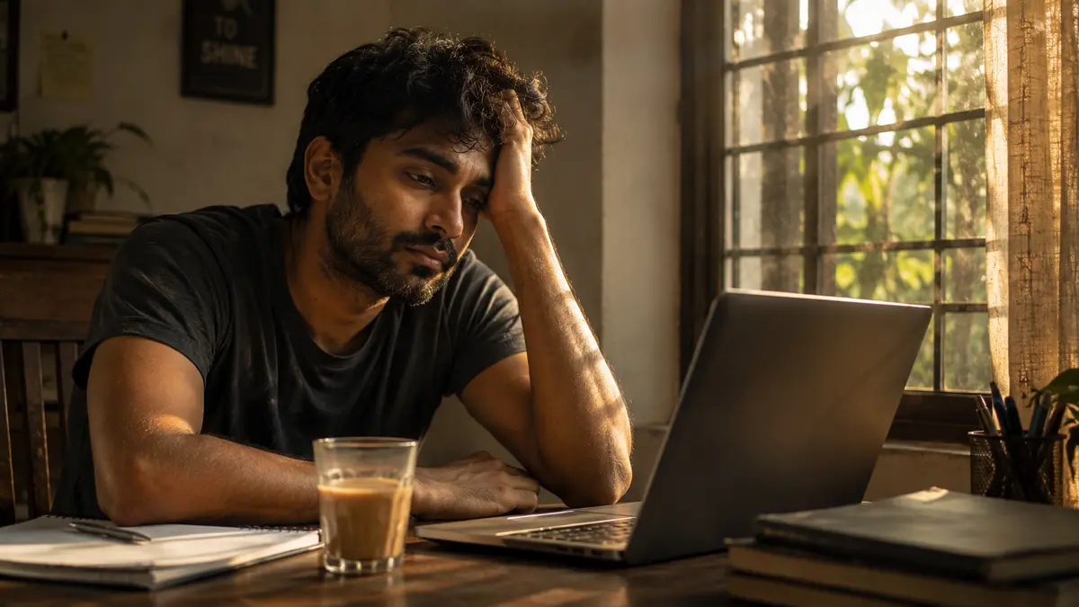 Young man looking exhausted at his desk in the morning — why am I always tired