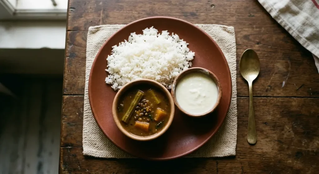 South Indian rice meal with sambar — high-glycemic foods that cause afternoon fatigue and energy crashes