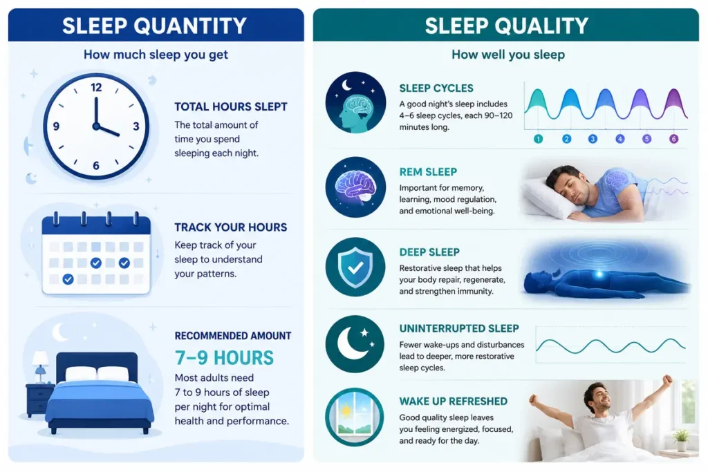 Infographic comparing sleep quality vs sleep quantity and their key differences.