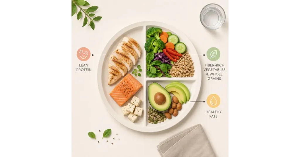 Visual guide to building an energy-boosting meal with protein, fiber, and healthy fats