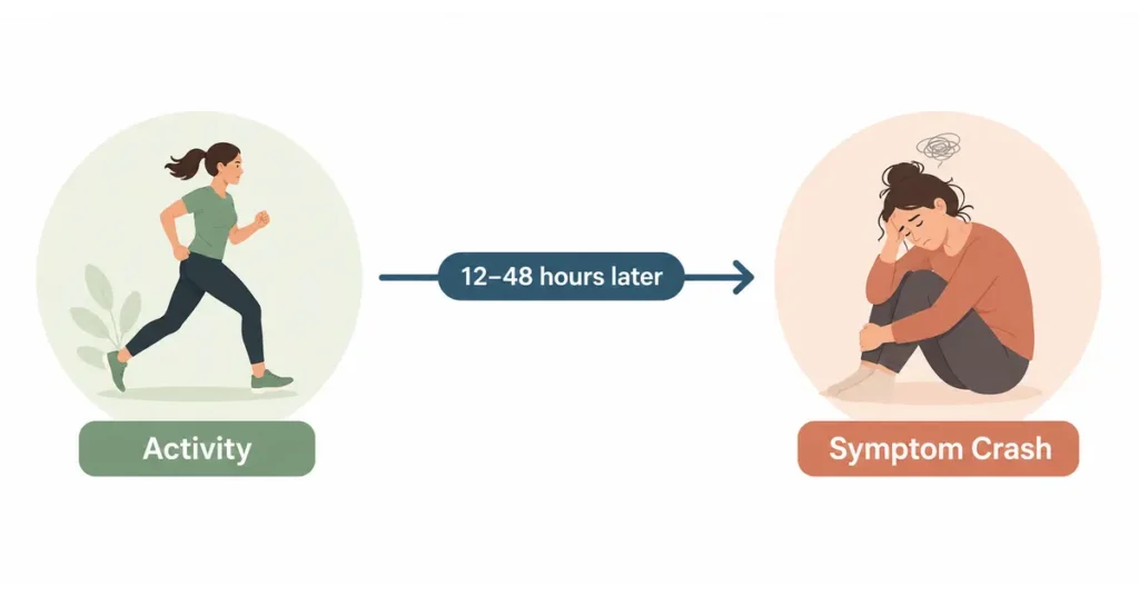 Diagram showing delayed post-exertional malaise crash timing