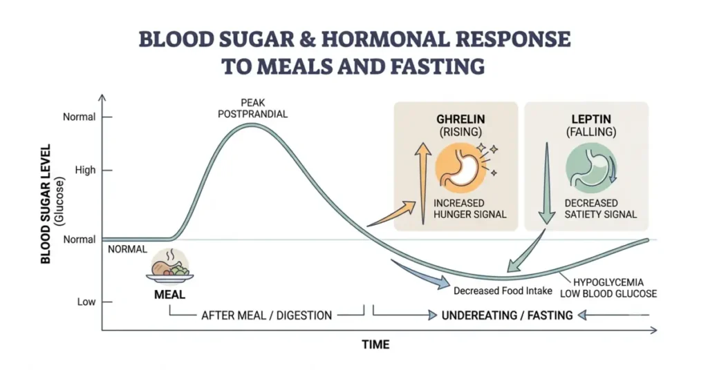 Diagram showing how blood sugar and hunger hormones ghrelin and leptin shift when you don't eat enough