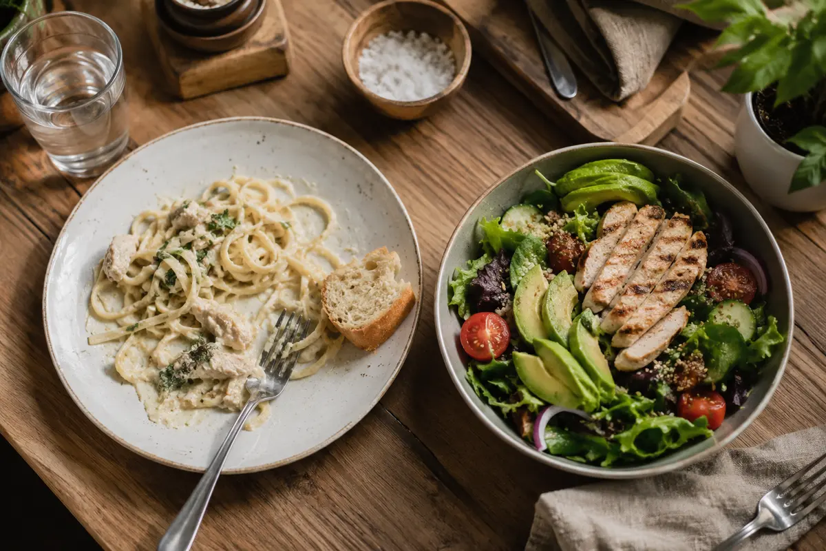 Plate of refined carbs next to a fresh energy-boosting salad, foods that cause fatigue