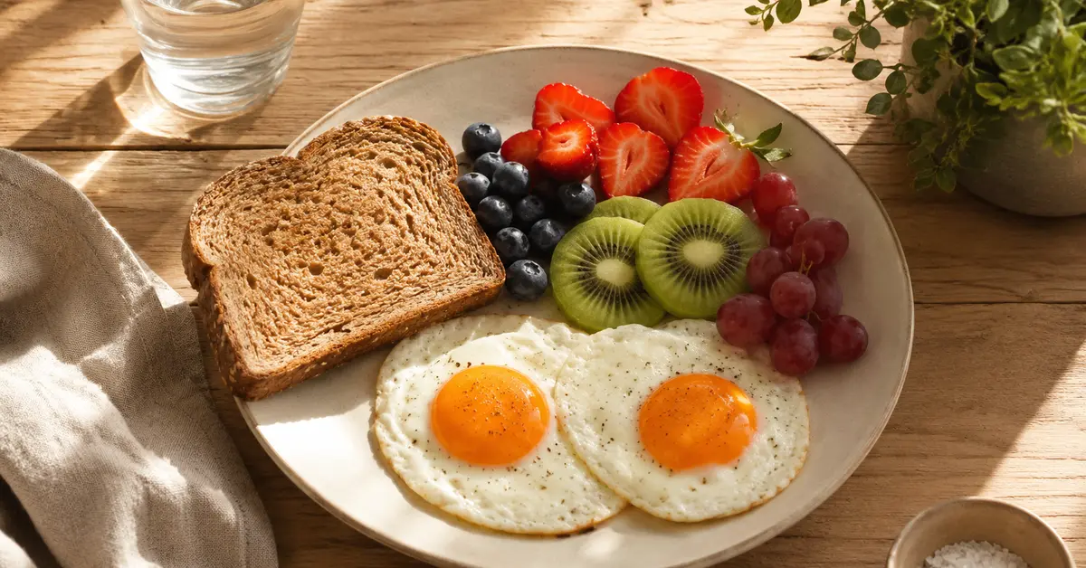 Simple balanced breakfast plate representing symptoms of not eating enough and daily nutrition needs