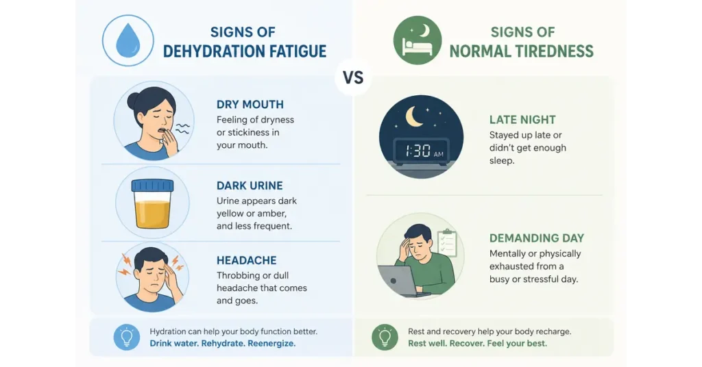 Simple comparison graphic of dehydration fatigue versus normal tiredness