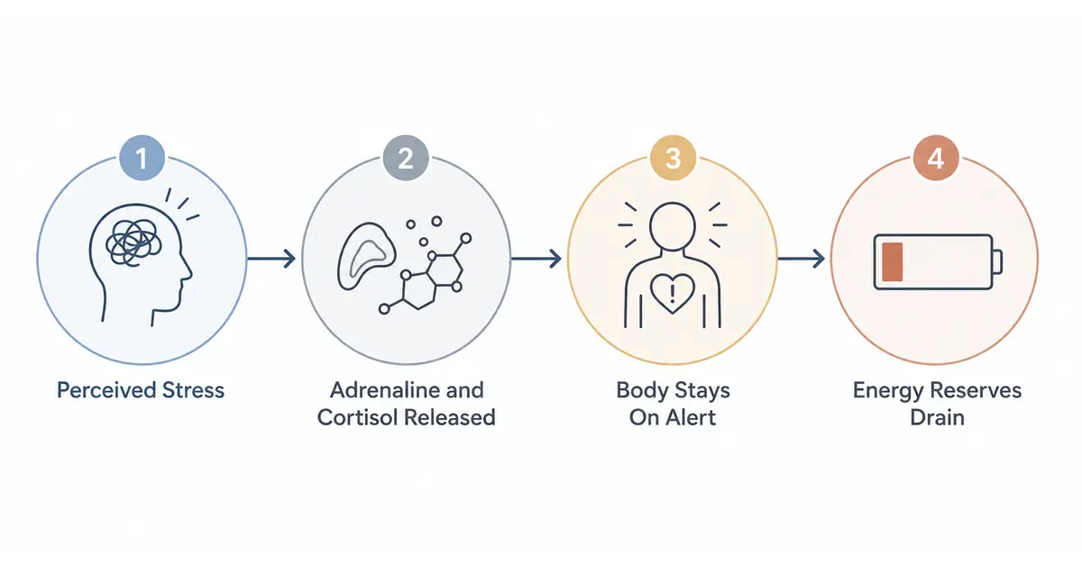 Diagram showing how stress triggers cortisol release and gradually drains energy reserves