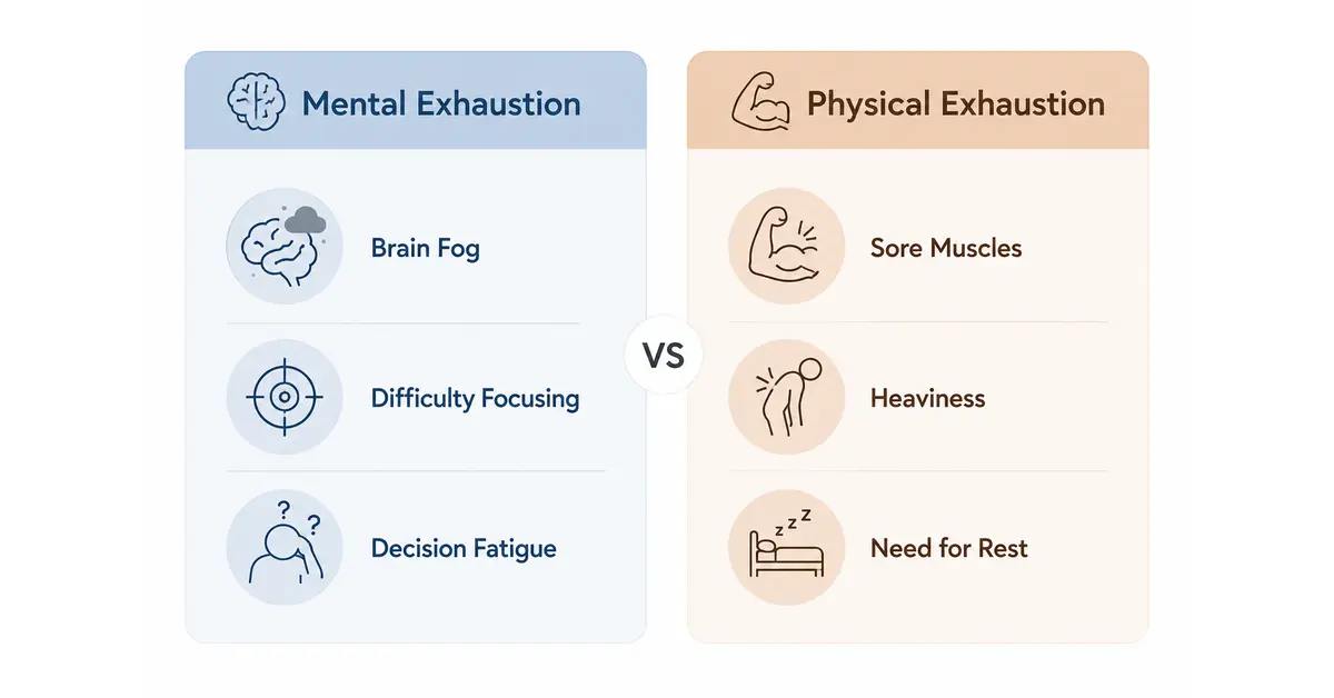 Side-by-side comparison graphic showing signs of mental exhaustion versus physical exhaustion