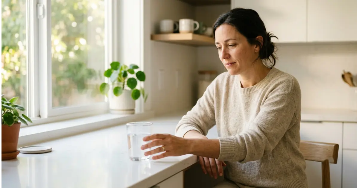 Tired person reaching for a glass of water, illustrating does dehydration cause fatigue