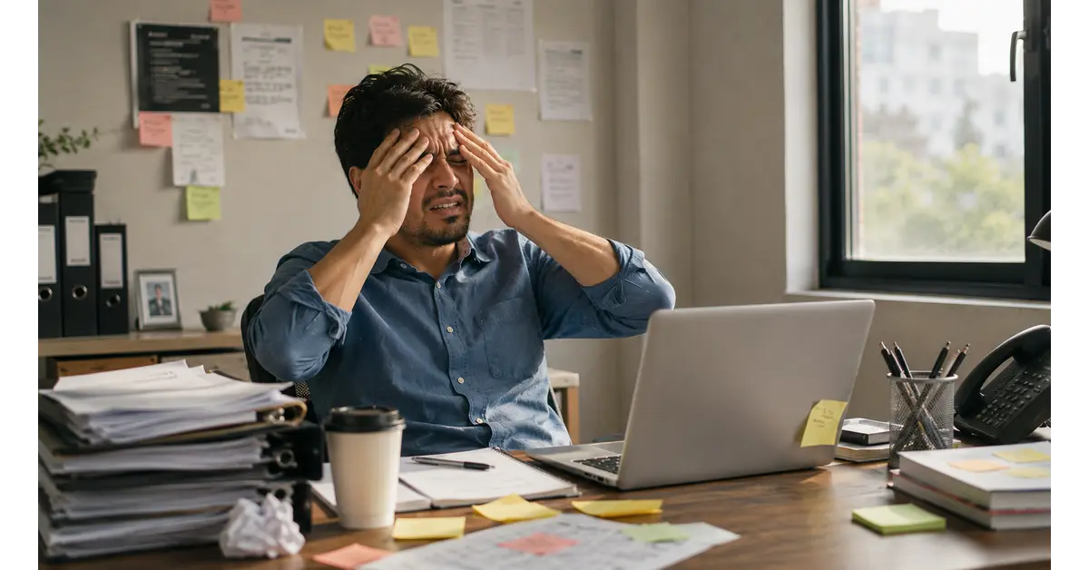 Tired person resting head on hand at desk from stress-related exhaustion