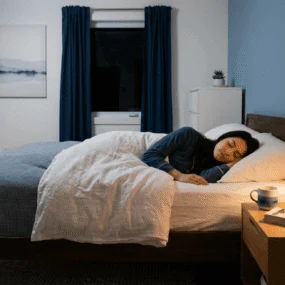 Person sleeping peacefully in a dark bedroom illustrating the importance of getting enough hours of sleep each night