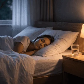Person sleeping peacefully in a naturally lit bedroom representing improved sleep quality without medication
