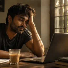 Young man looking exhausted at his desk in the morning — why am I always tired