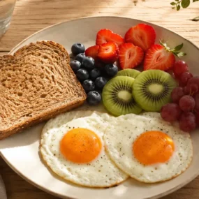 Simple balanced breakfast plate representing symptoms of not eating enough and daily nutrition needs