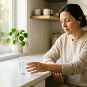 Tired person reaching for a glass of water, illustrating does dehydration cause fatigue