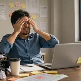 Tired person resting head on hand at desk from stress-related exhaustion
